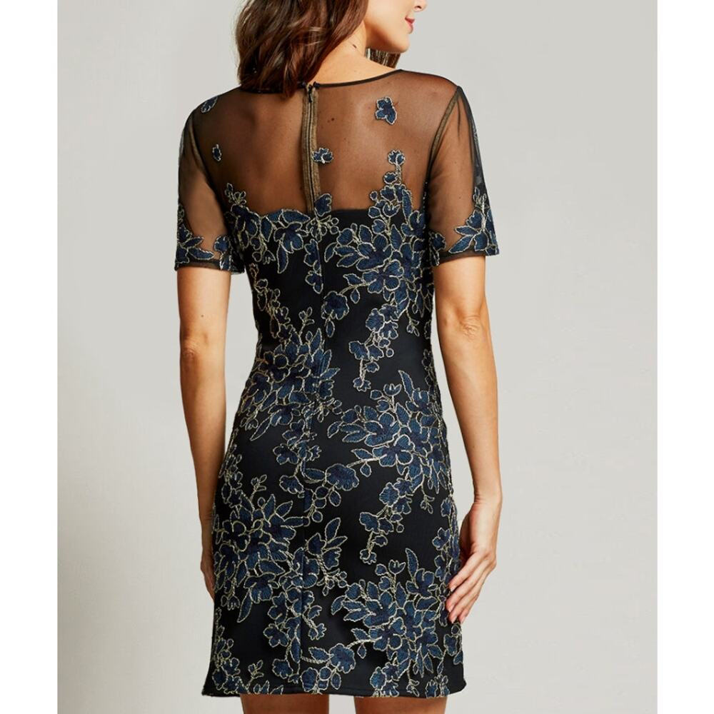 TADASHI SHOJI Cardea Embroidered Floral Tulle Cocktail Dress Size 6 Navy Gold - Picture 4 of 14